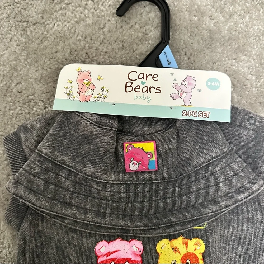 NEW Care Bears Black Acid-Wash Romper Matching Bucket Hat 2 Piece Set size 3-6 m